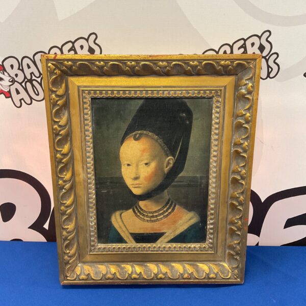 Antique Flemish School portrait print of a young girl in feathered headdress.