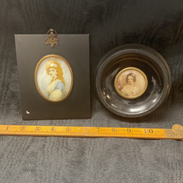 Antique framed miniature portraits, a delicate Victorian era pair.