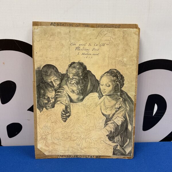 Antique Hendrick Goltzius print of the Adoration of the Shepherds.