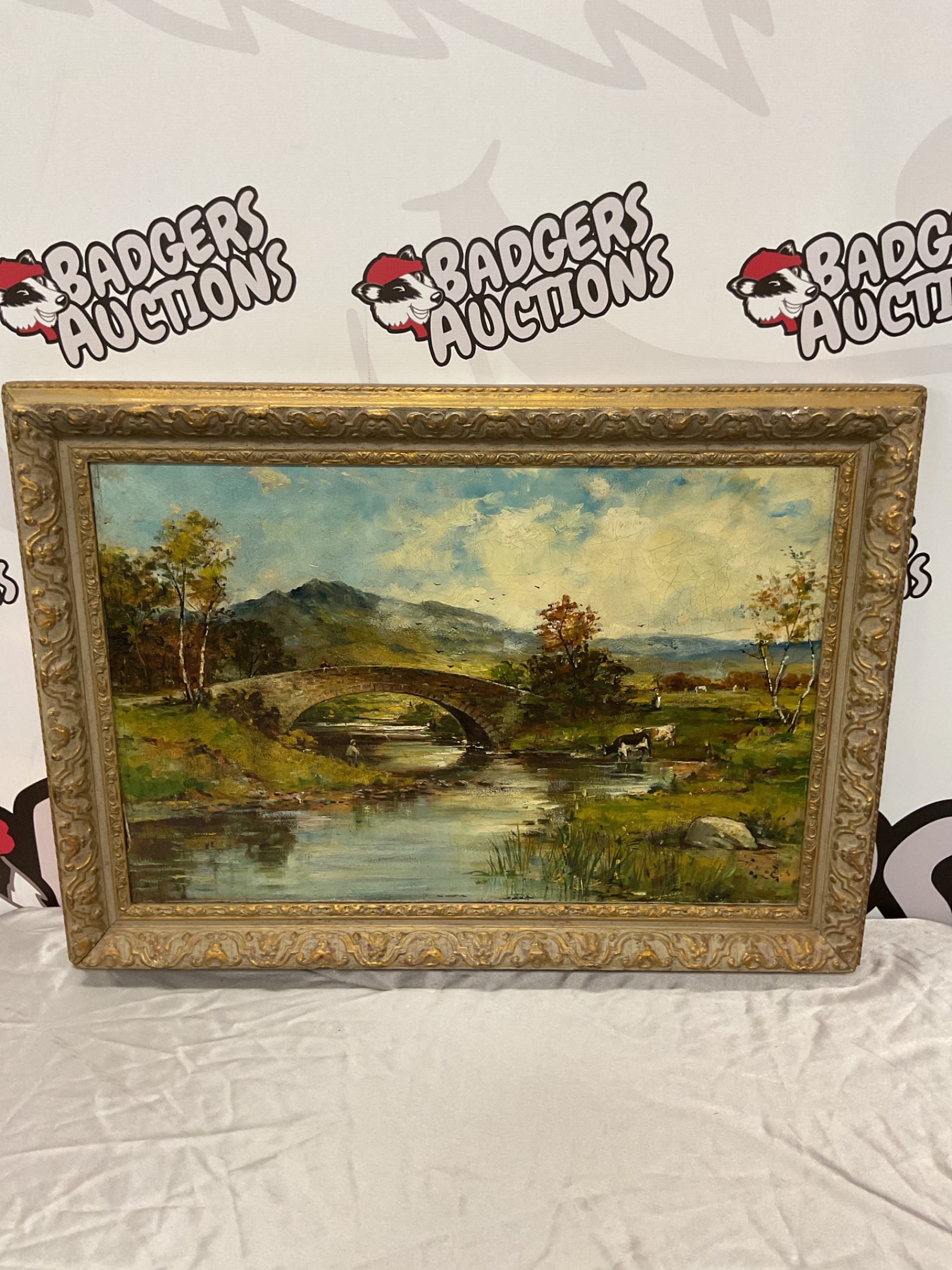 827 Antique gilt framed oil painting of a highland scene with fisherman & cattle