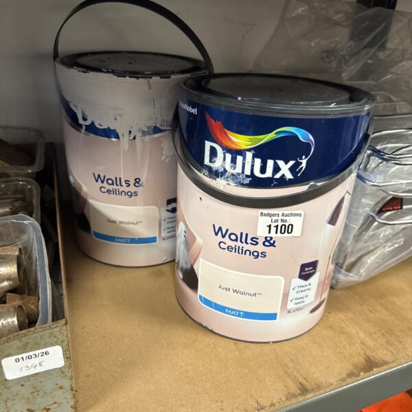 Two 5l tubs of dulux matt just walnut paint - one feels full, other half full