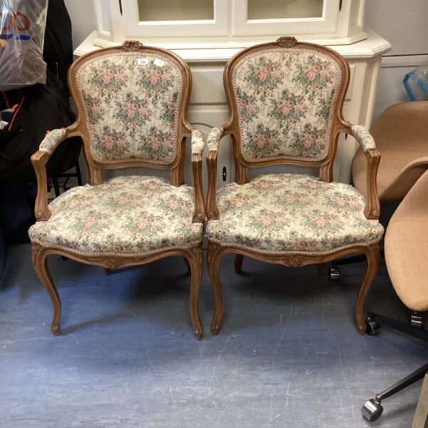 Pair of vintage neo-rococo armchairs with decorative fabric in light wood