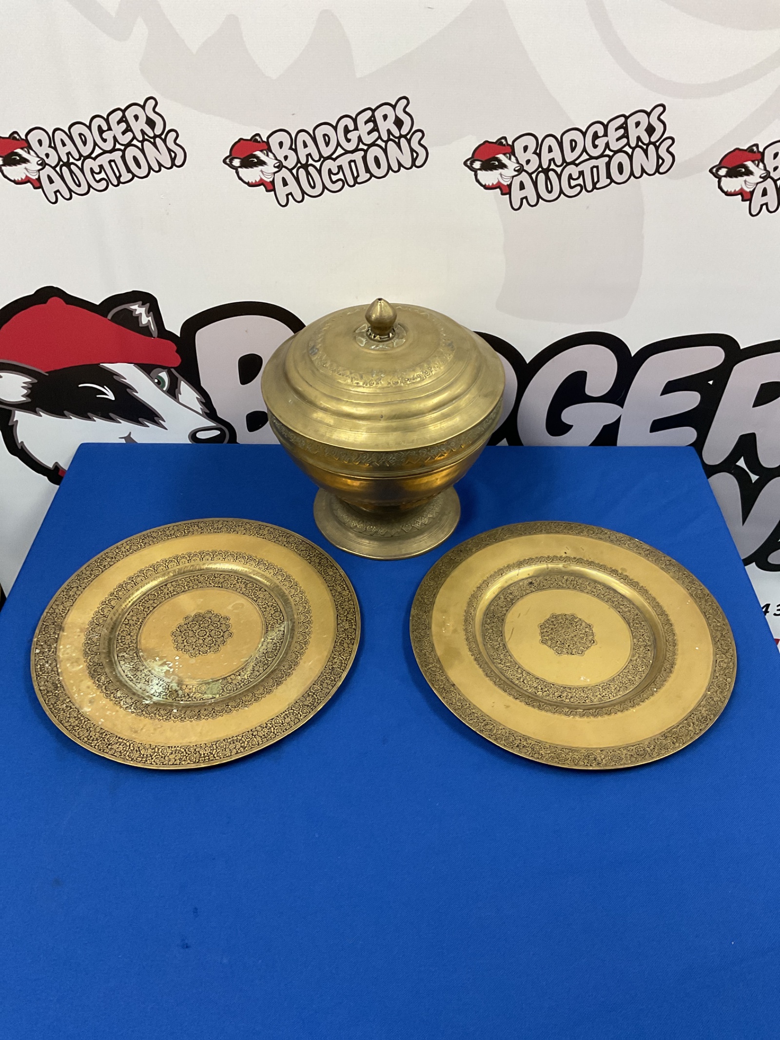 003 Eastern lidded container with two Indian brass dishes