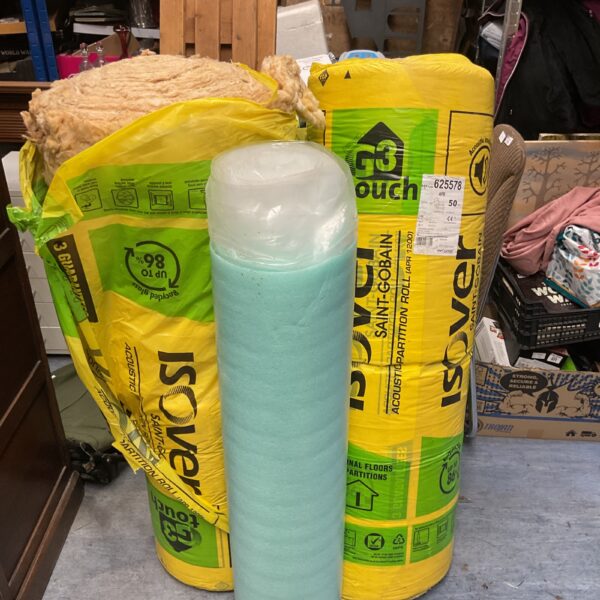 Bundle of three Isover insulation rolls for thermal and acoustic performance.