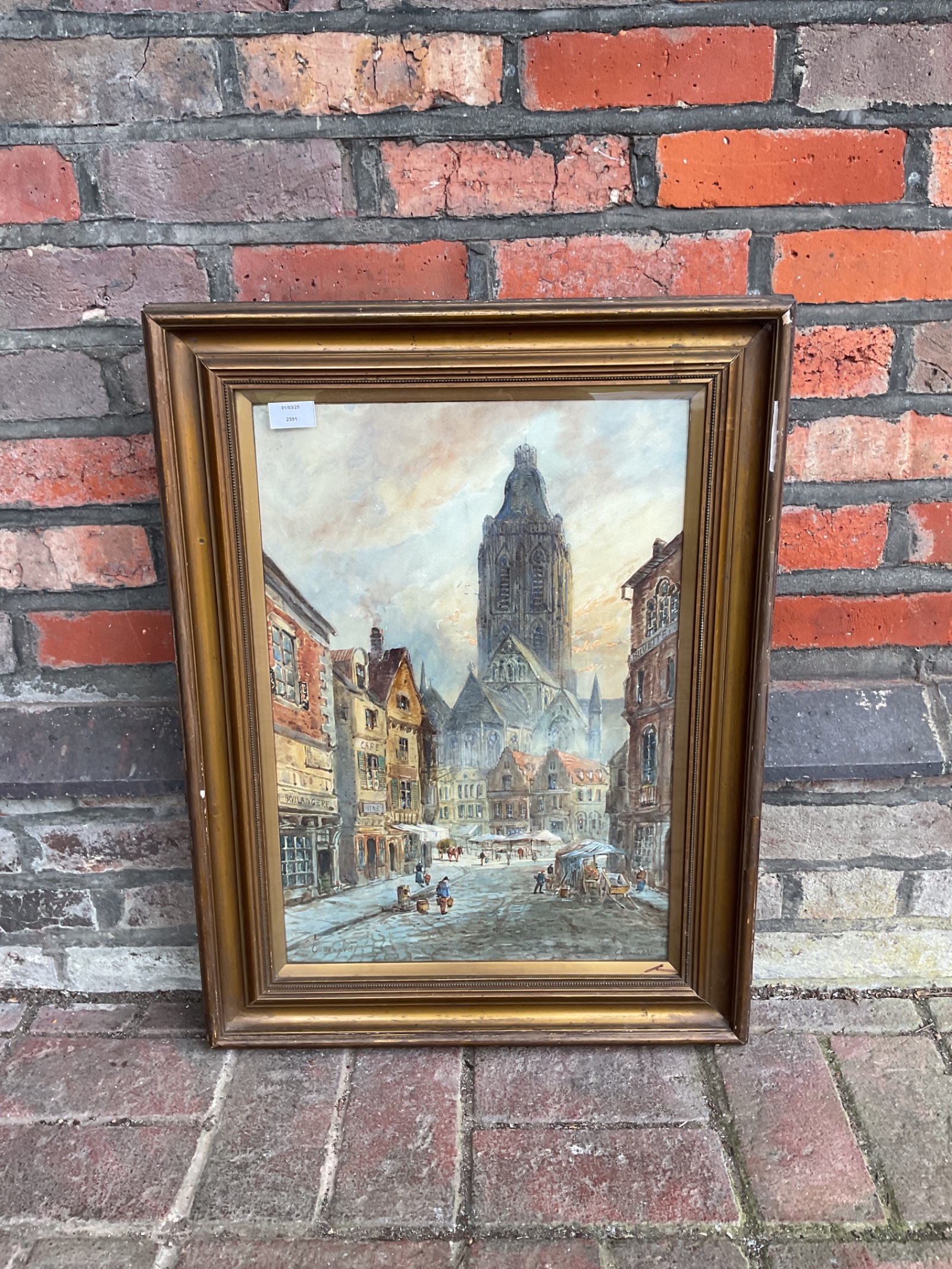 811 J van stappen 19th century watercolour of a oudenarde street scene with cathedral