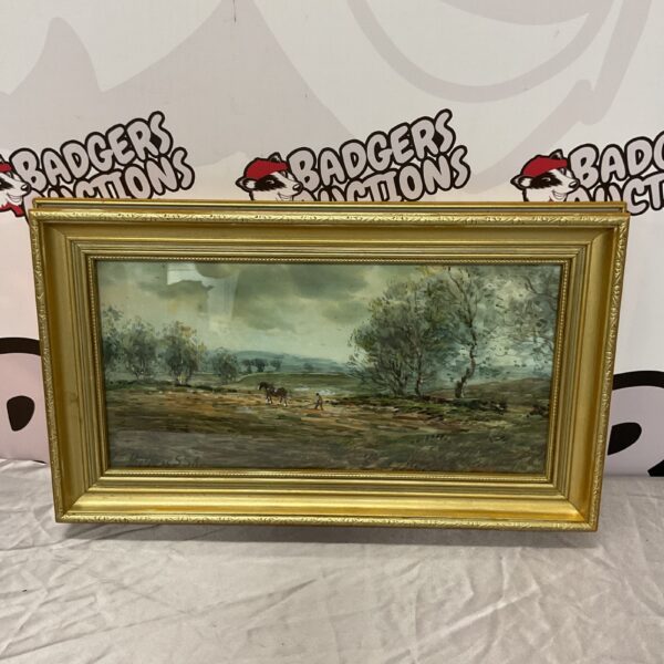 Vintage watercolour painting of a farmer ploughing a field with a horse.