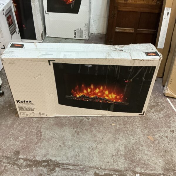 Koiva electric fireplace in original packaging, showing box details.