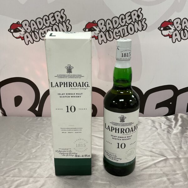 Bottle of Laphroaig 10 Year Old Single Malt Scotch Whisky on display.