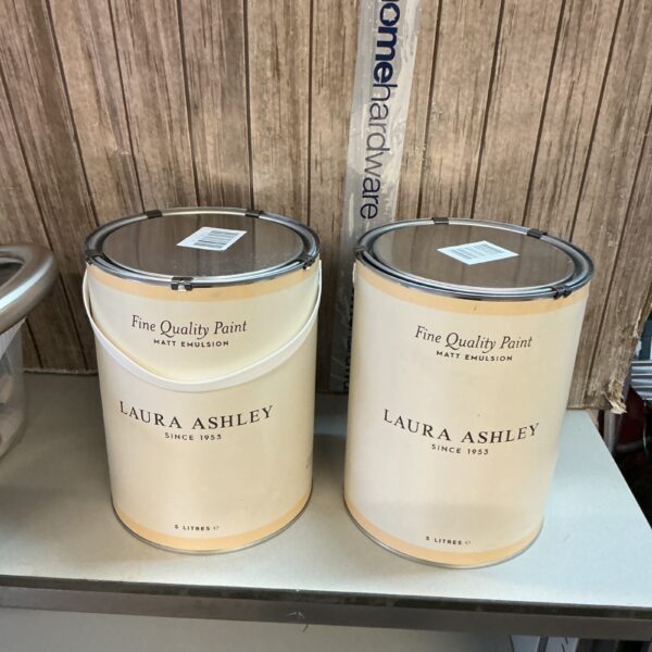 Two Laura Ashley paint tins, Moon Seaspray emulsion, for home decor.