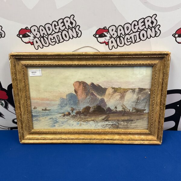 Lennard Lewis watercolour painting of a coastal scene with fishermen.