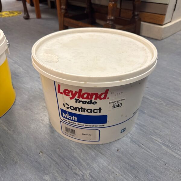 Half-full tub of Leyland Trade Contract Mercury paint for DIY projects.