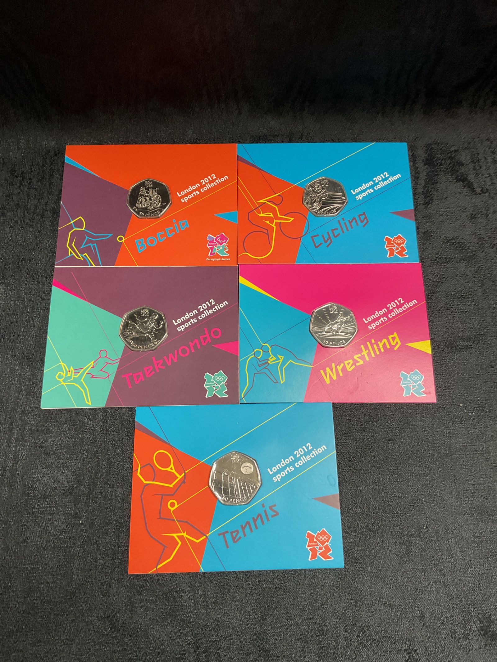 759 Five Royal Mint Uncirculated London 2012 Olympics Sports Collection 50p coins Boccia,Cycling,Taekwondo,Wrestling And tennis