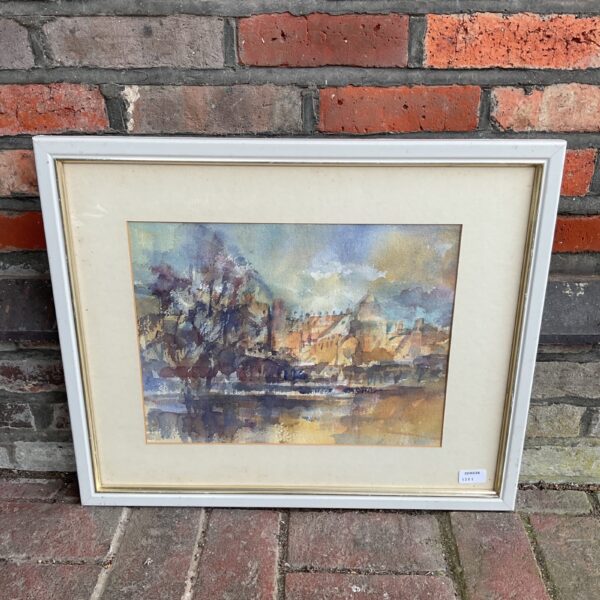 Vintage watercolour painting of a riverside cityscape by Malcolm Rogers.