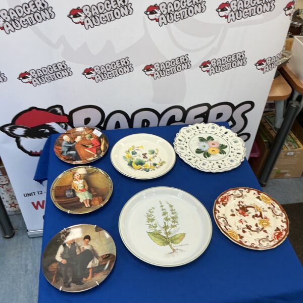 Vintage Masons Pottery plates with floral patterns on display.