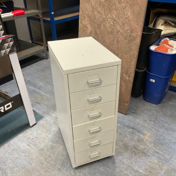 Front view of a six-drawer metal machinist cabinet for tool storage.