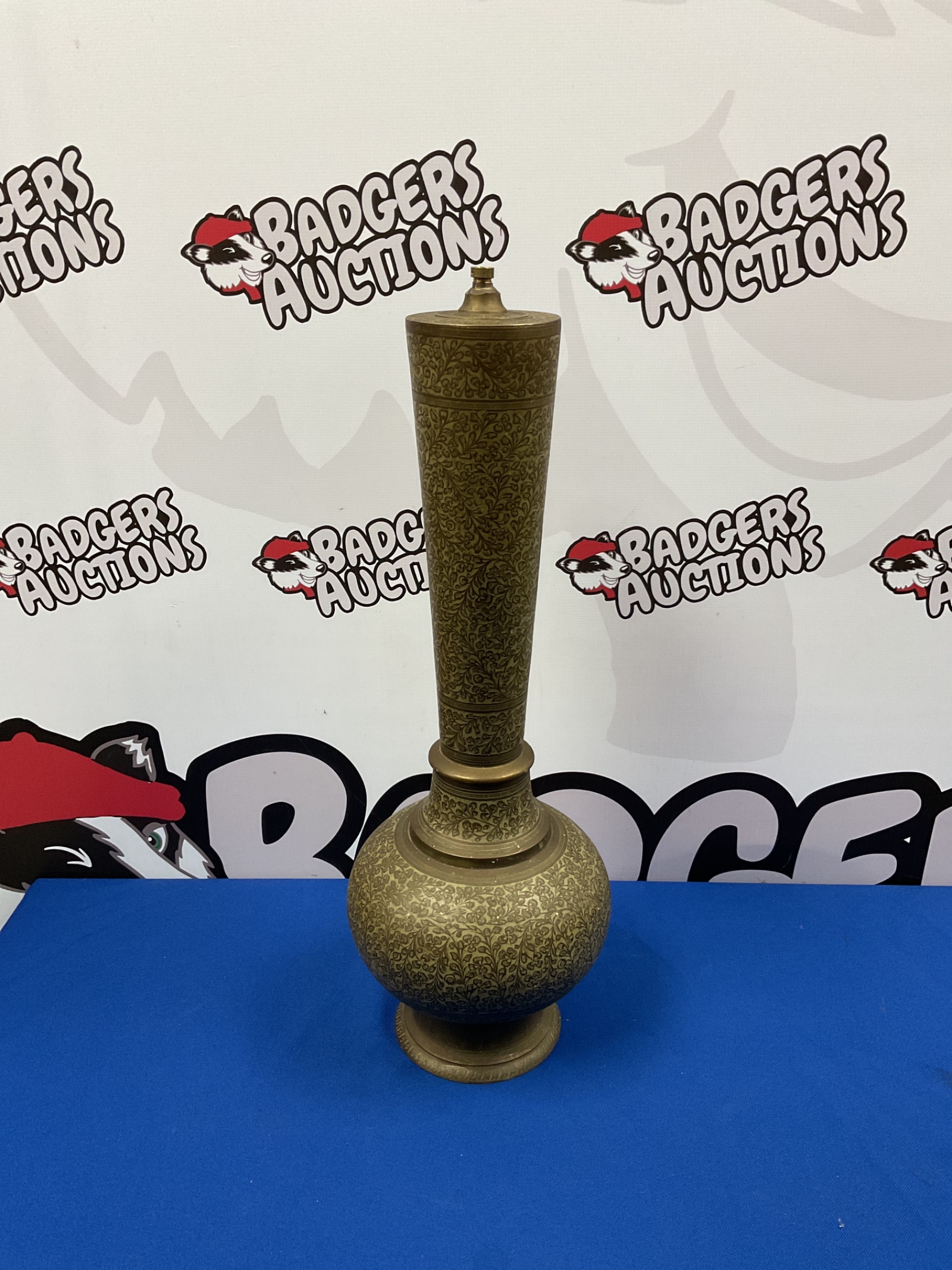 055 Middle eastern engraved brass table lamp