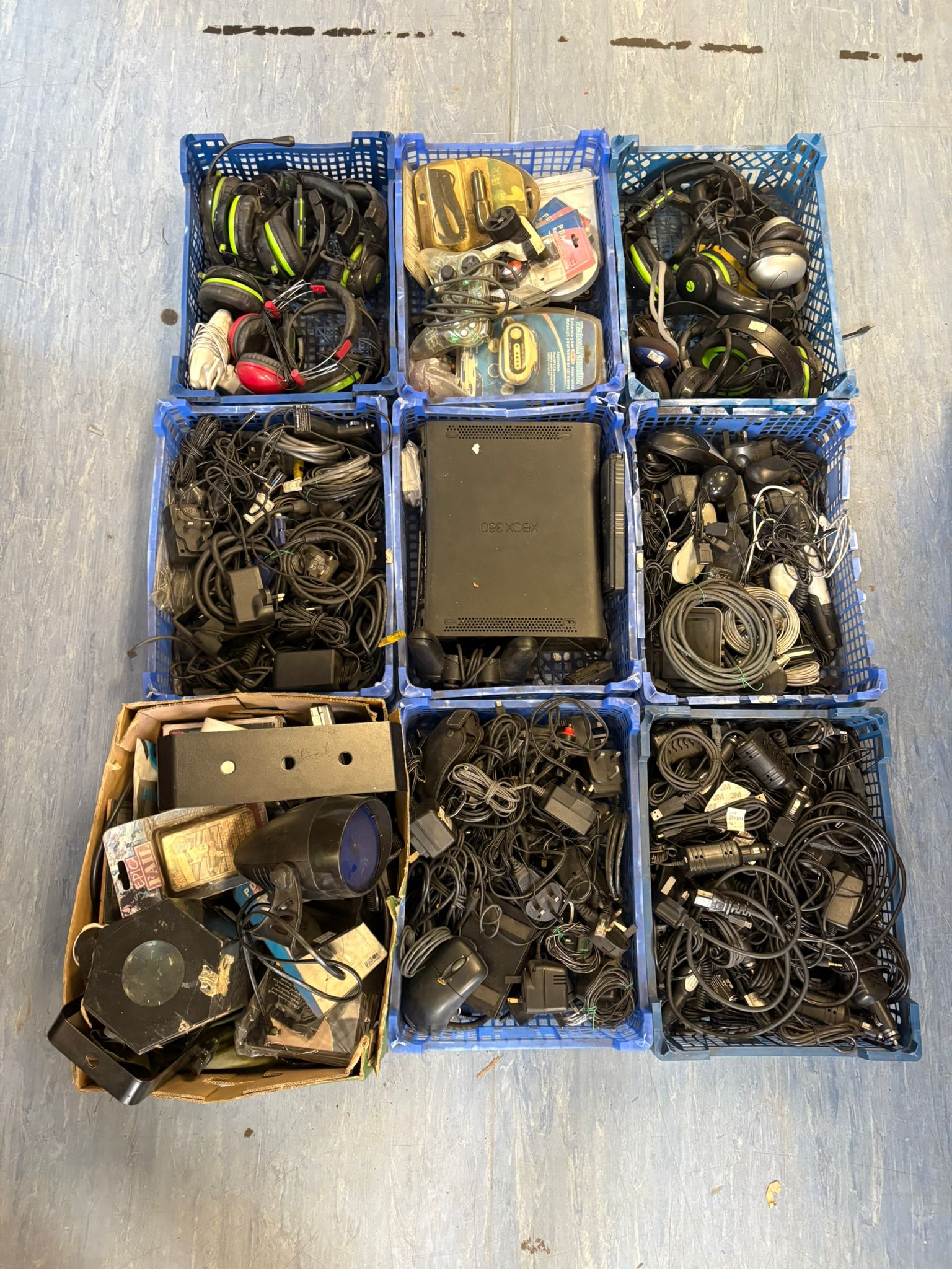 244 9 trays of mixed cables, power supplies & gaming headphones