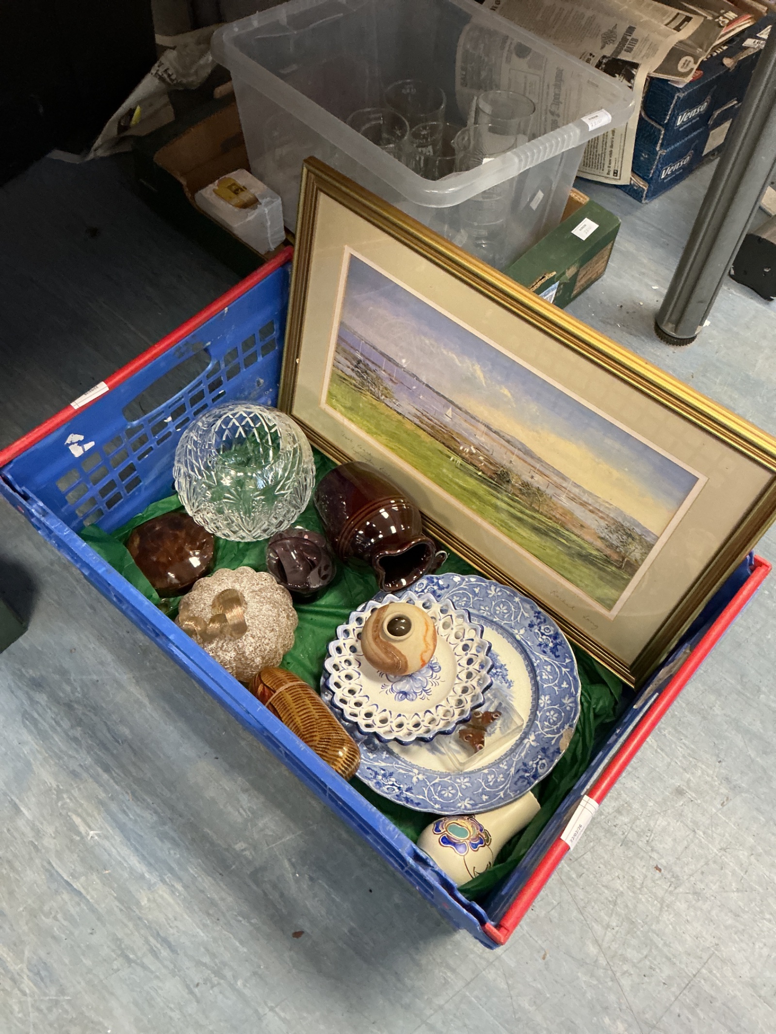 289 Box of mixed items inc Framed watercolour seascape