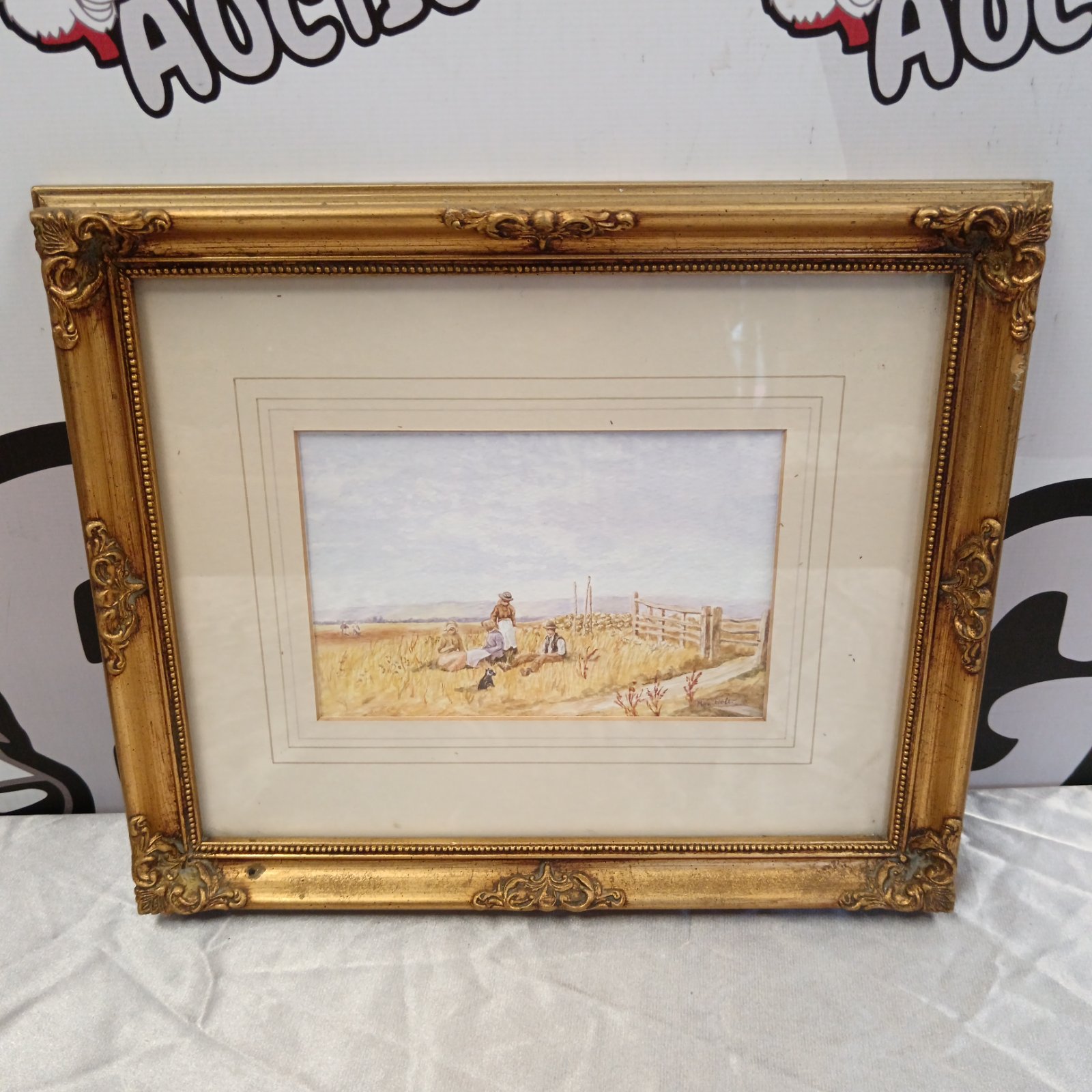 725 Morg Holt gilt framed watercolour of farm folk