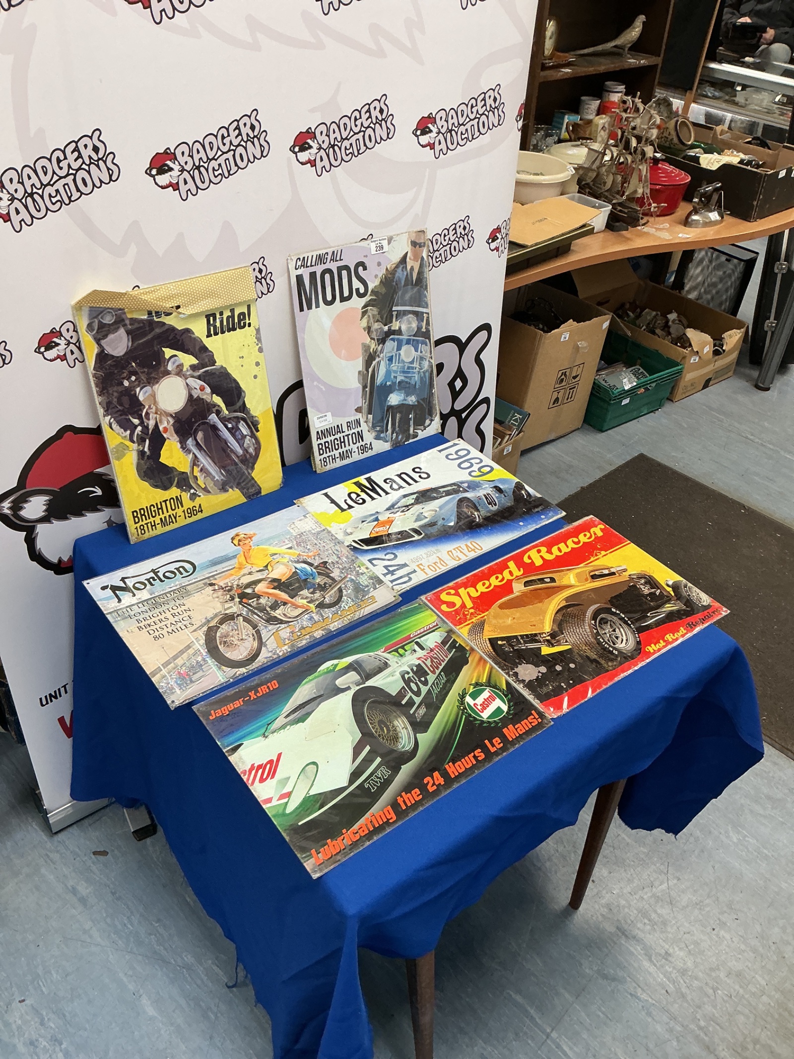 239 Collection of Reproduction metal wall plaques depicting 1960’s motorcycle events