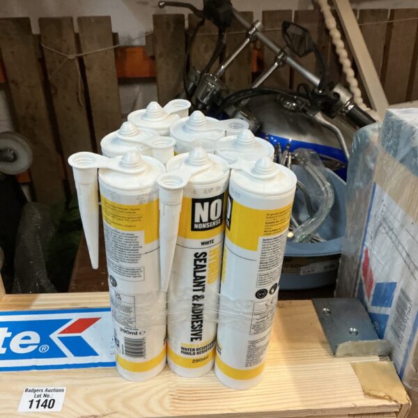 Seven tubes of white No Nonsense sealant for DIY projects.