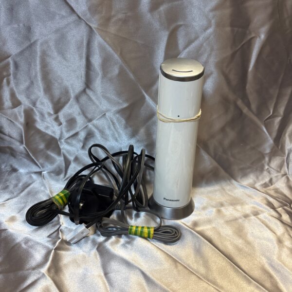 Upright Panasonic DECT phone with charging base, vintage design.