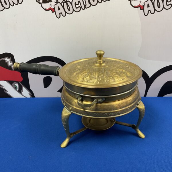 Antique Persian brass chafing dish on tripod base.