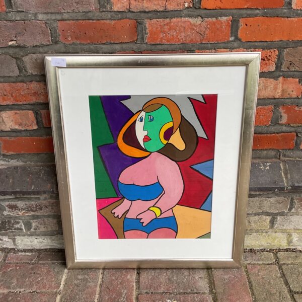 Colourful watercolour painting in the style of Picasso, depicting a bathing belle.