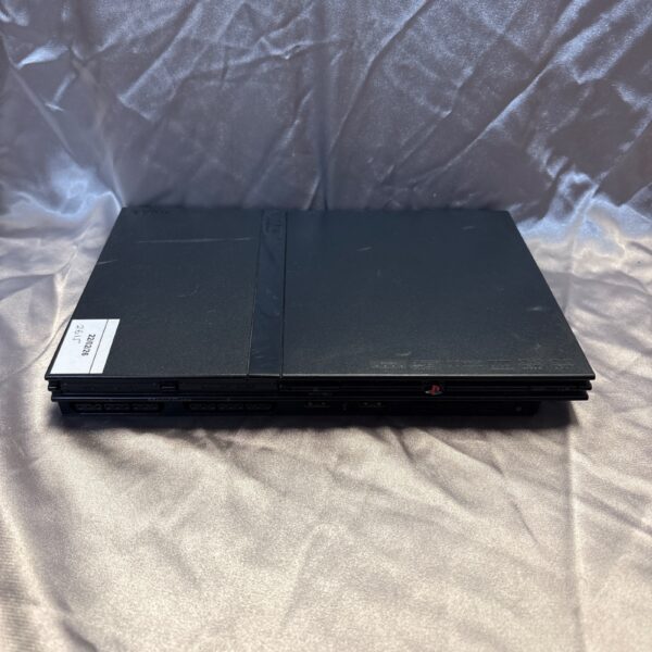 Front view of a silver Sony PlayStation 2 Slim console.
