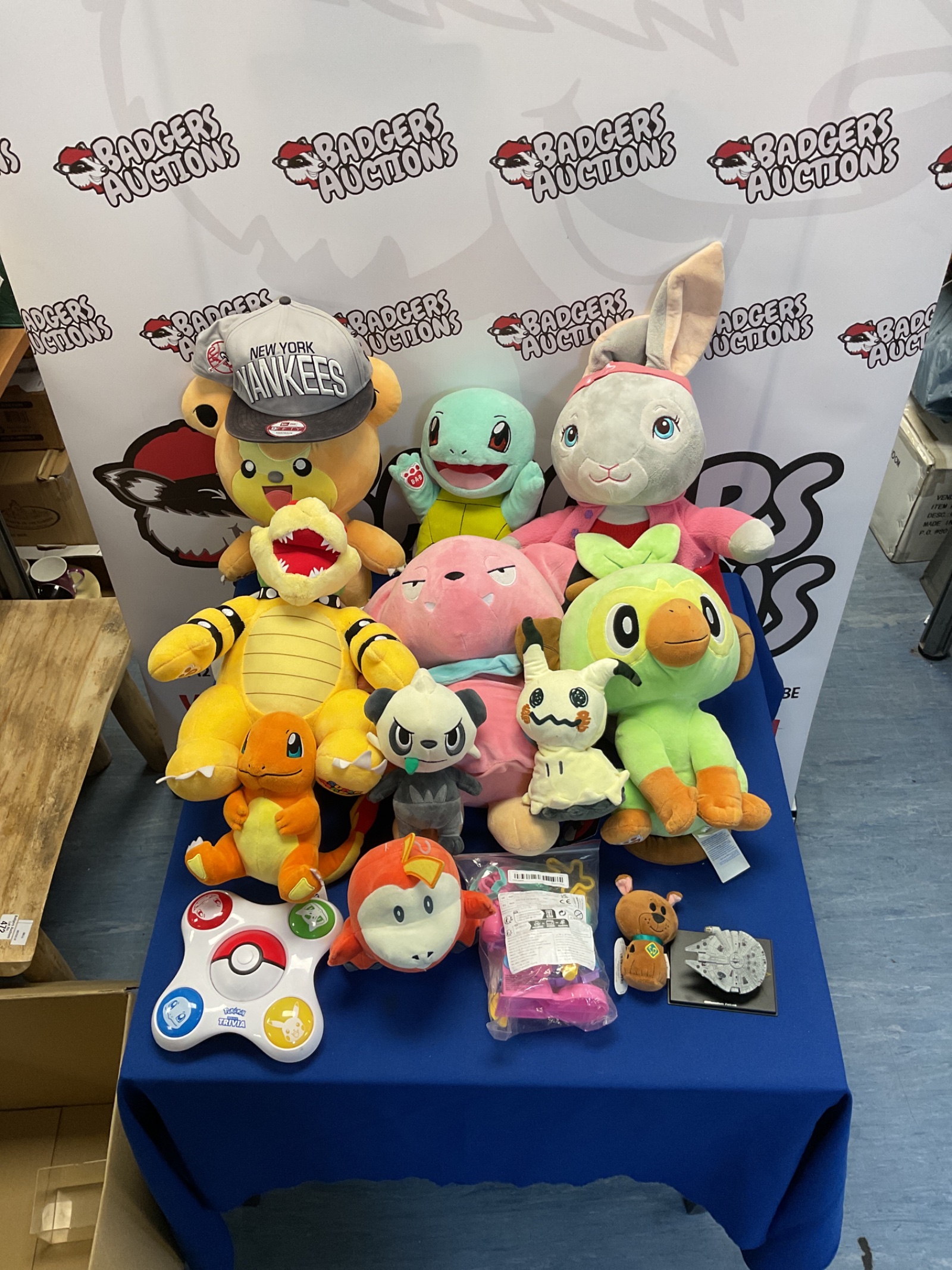 433 Lot of mostly plush toys incl. Pokemon Squirtle, Charmander and more, Bowser, Pokemon Trivia Game and more