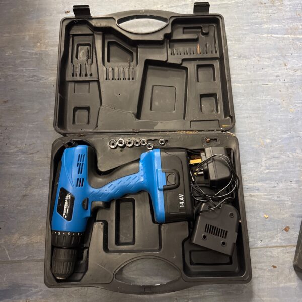 Powerbase cordless drill set in open carrying case.