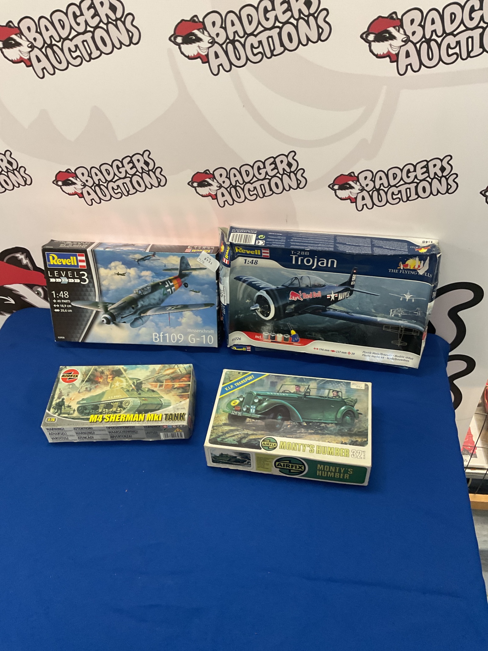402 Revell Messerschmitt Bf109 G-10 and T-28B Trojan, Airfix M4 Sherman Mk1 Tank and Monty’s Humber scale model kits
