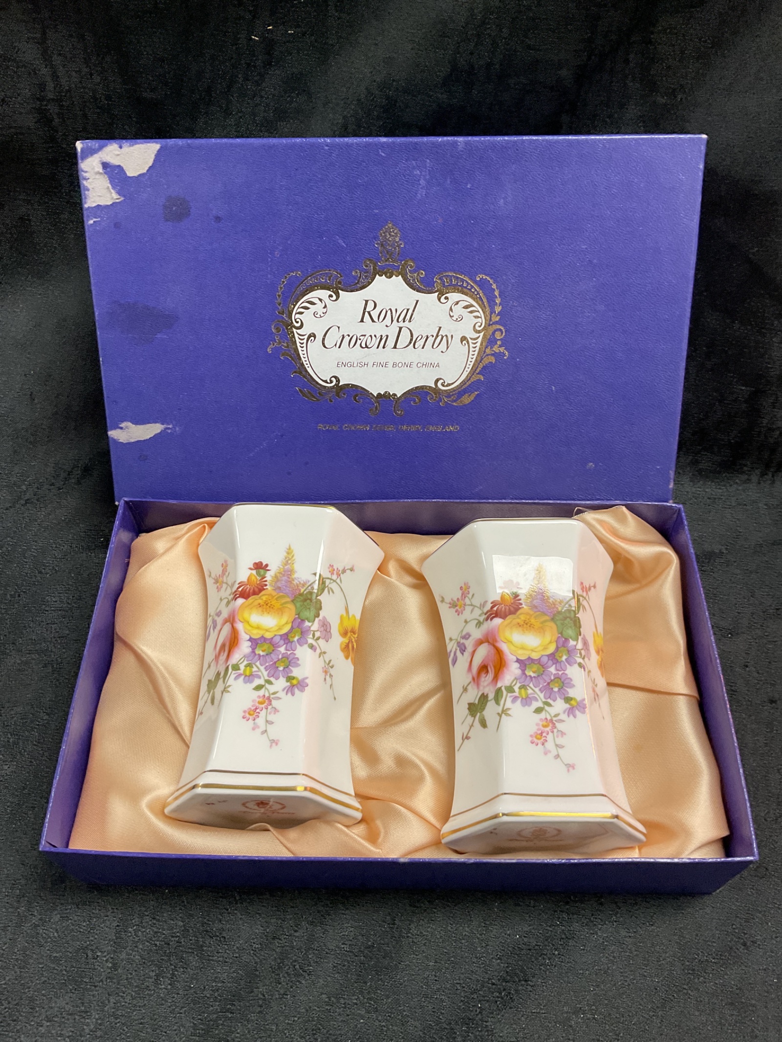 732 Boxed pair of royal crown derby 4” porcelain vases in derby posies pattern