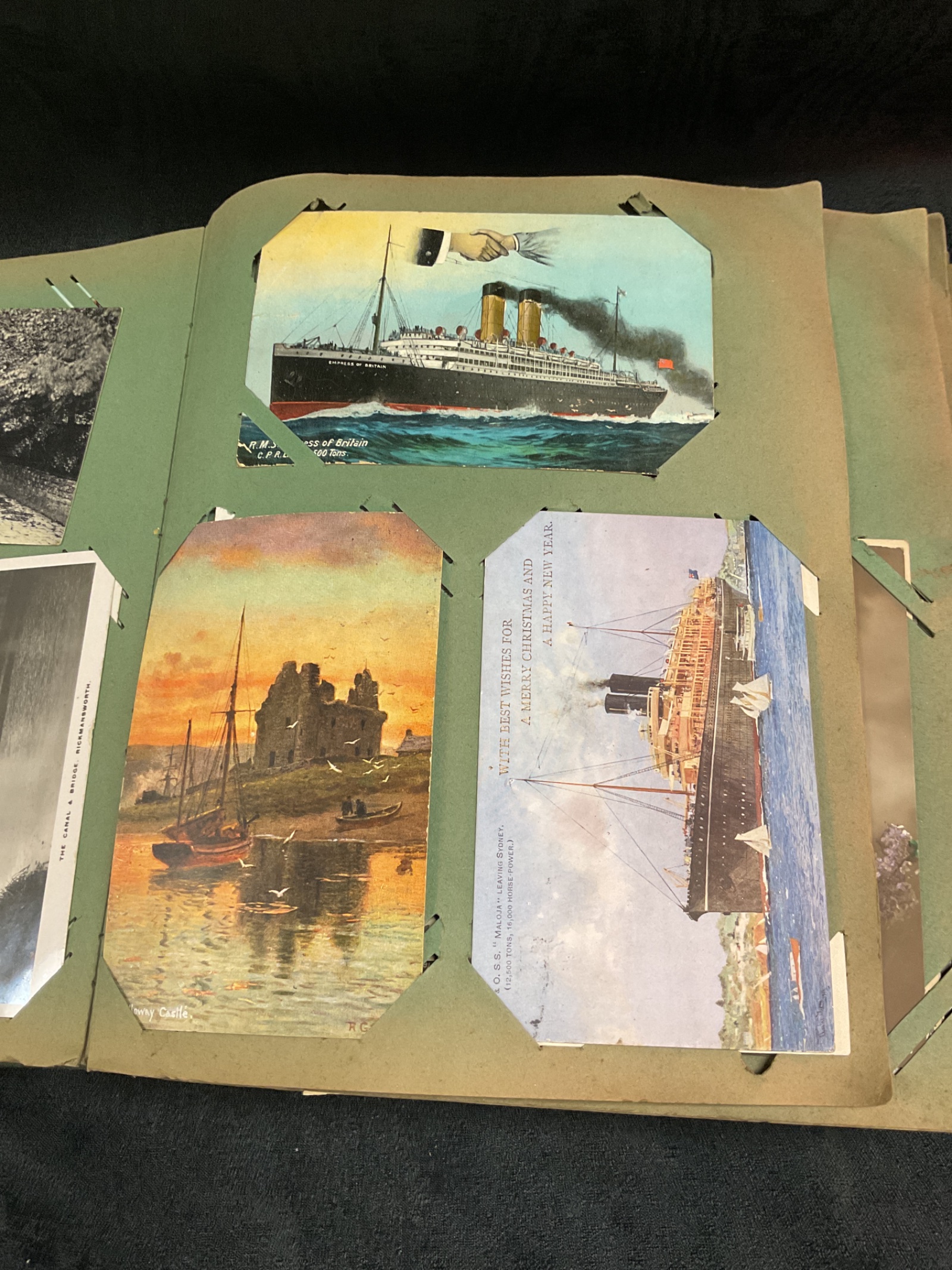 840 Victorian Edwardian postcard album with topographical ships and other postcards