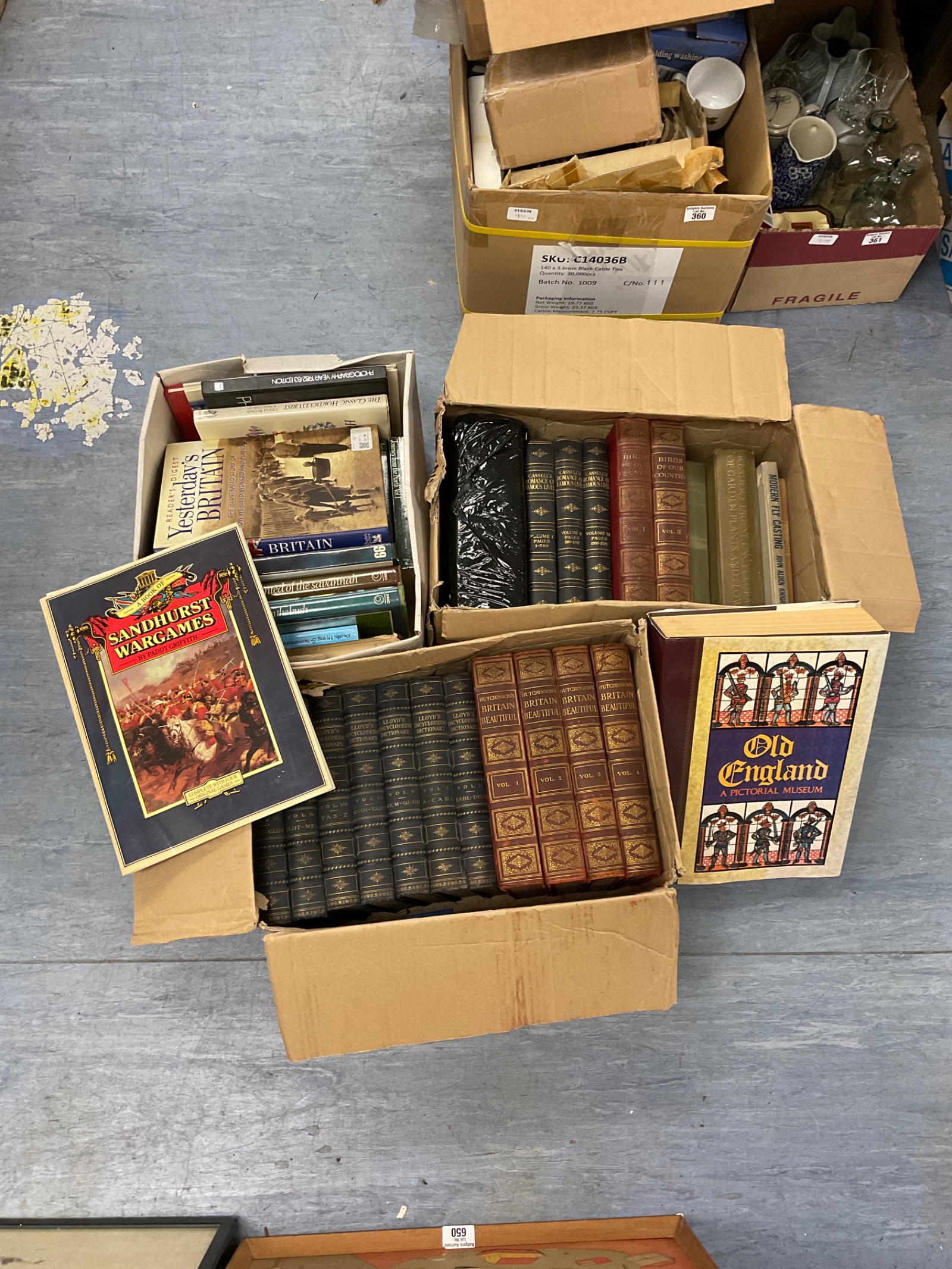 740 Three boxes of vintage & modern books including set of Hutchinsons Britain beautiful & cassell romance of famous lives