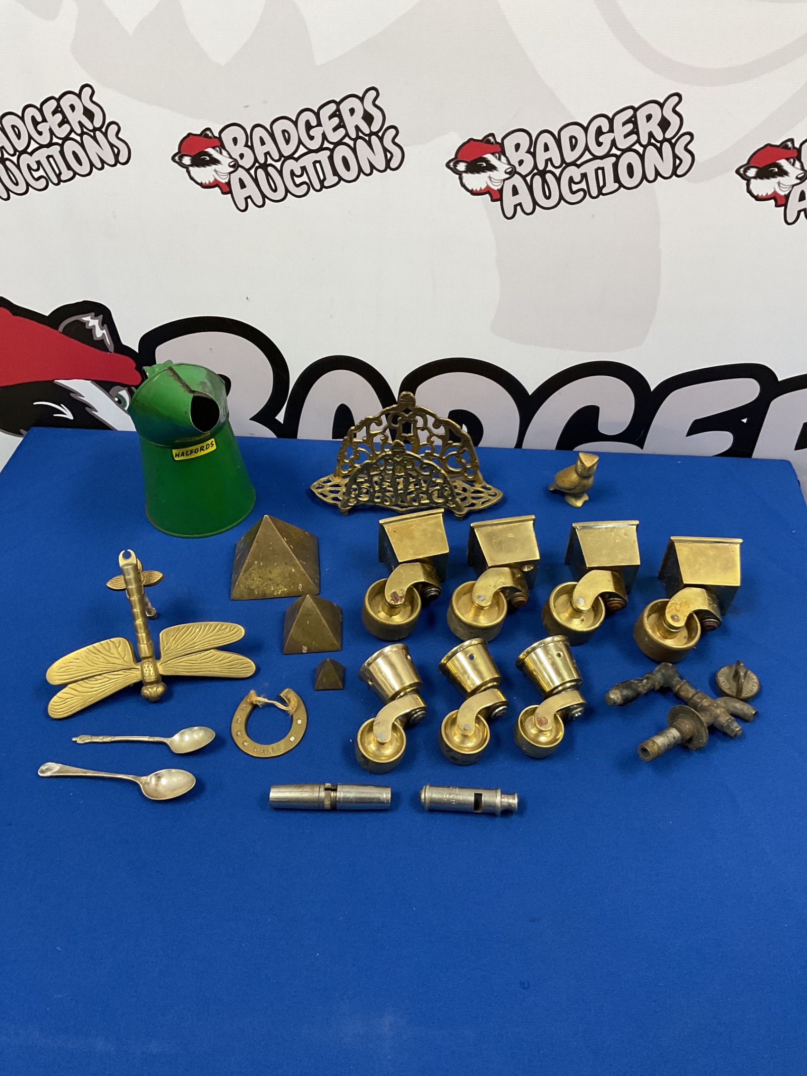 075 Selection of brassware including letter rack, pyramids, caster wheels & vintage halfords oil can