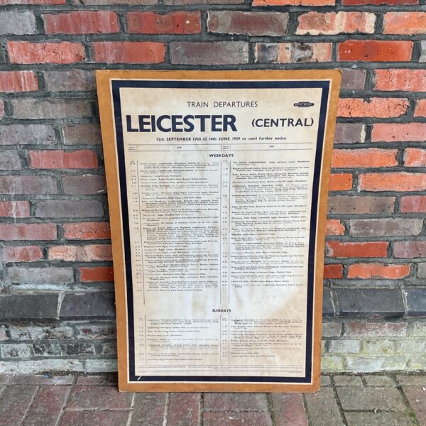 Vintage British Rail poster showing Leicester Central train departures in 1959.
