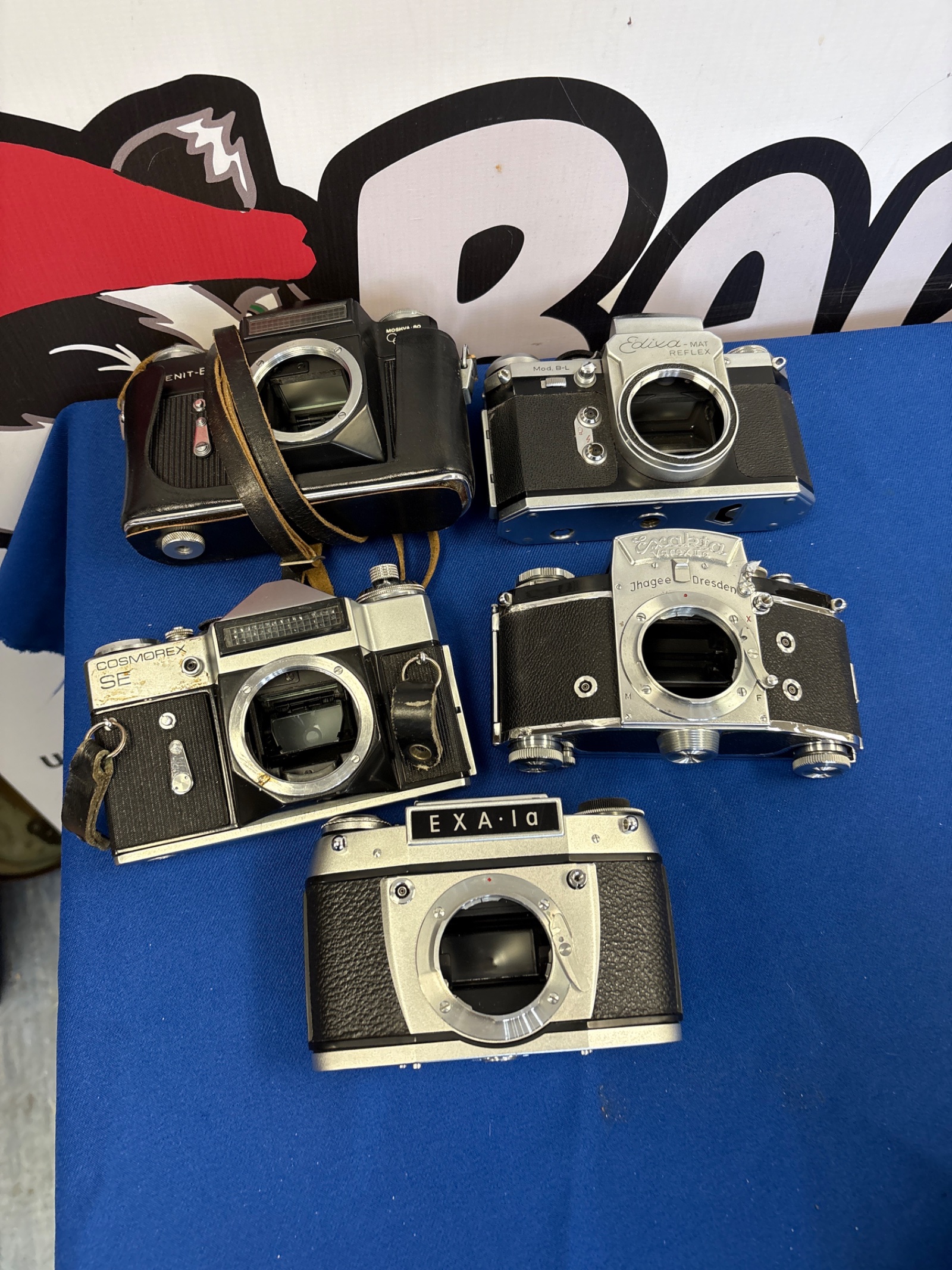 163 Five vintage cameras with no lenses