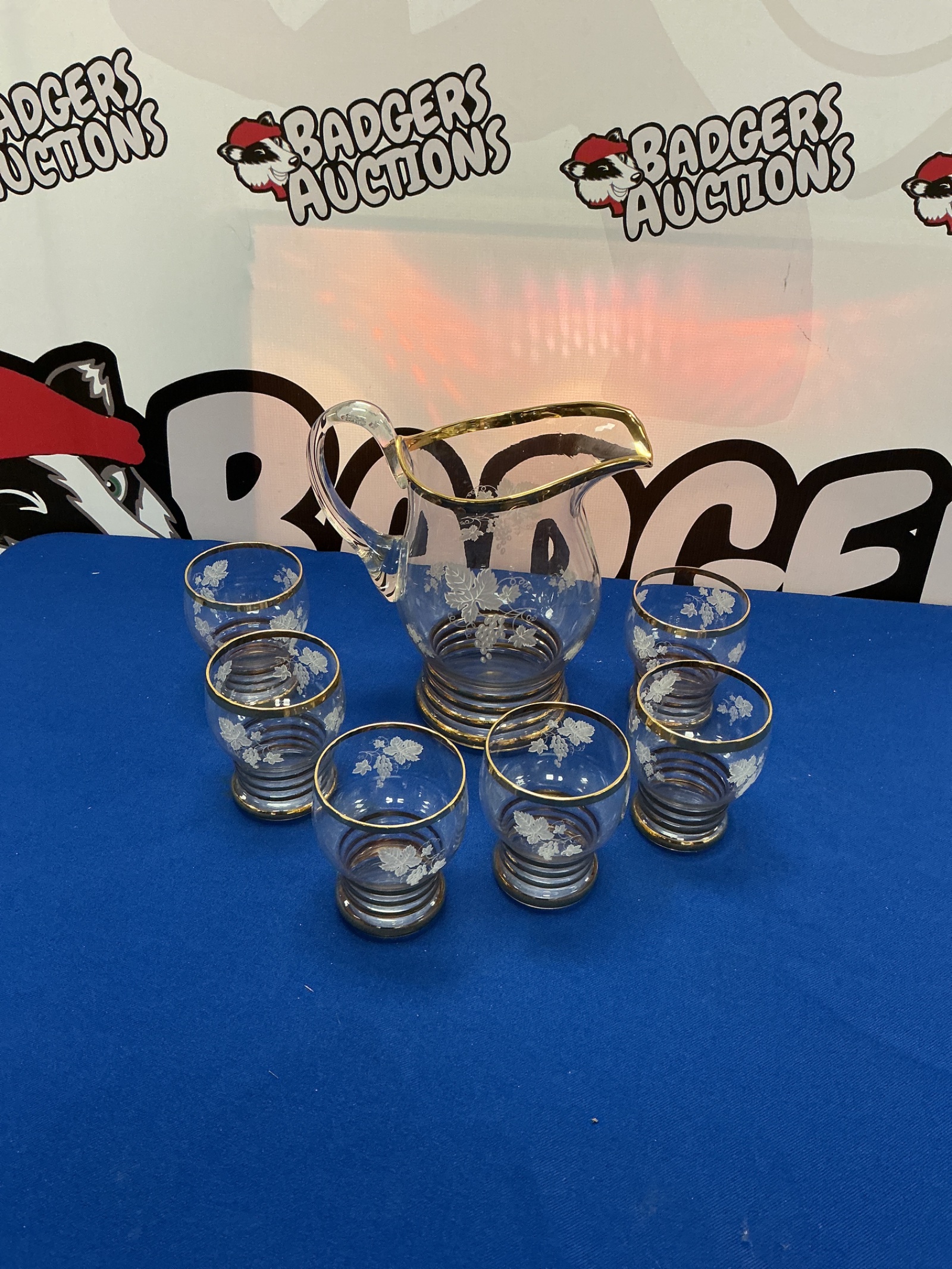 271 Vintage Cut Glass Pitcher with six tumblers