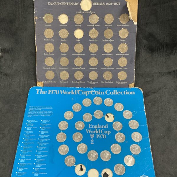 Vintage FA Cup and World Cup coin sets with colourful illustrated card.