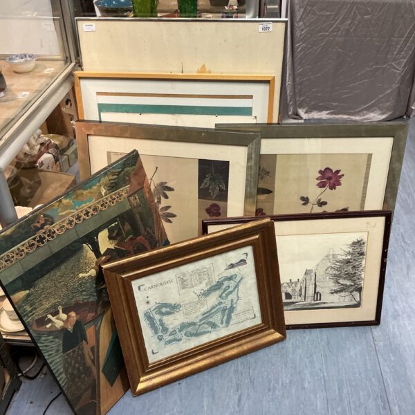 Vintage framed prints lot with botanical and landscape artwork.