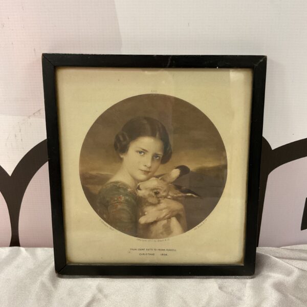 Vintage 1911 print of a young girl with a rabbit by V Schramm.