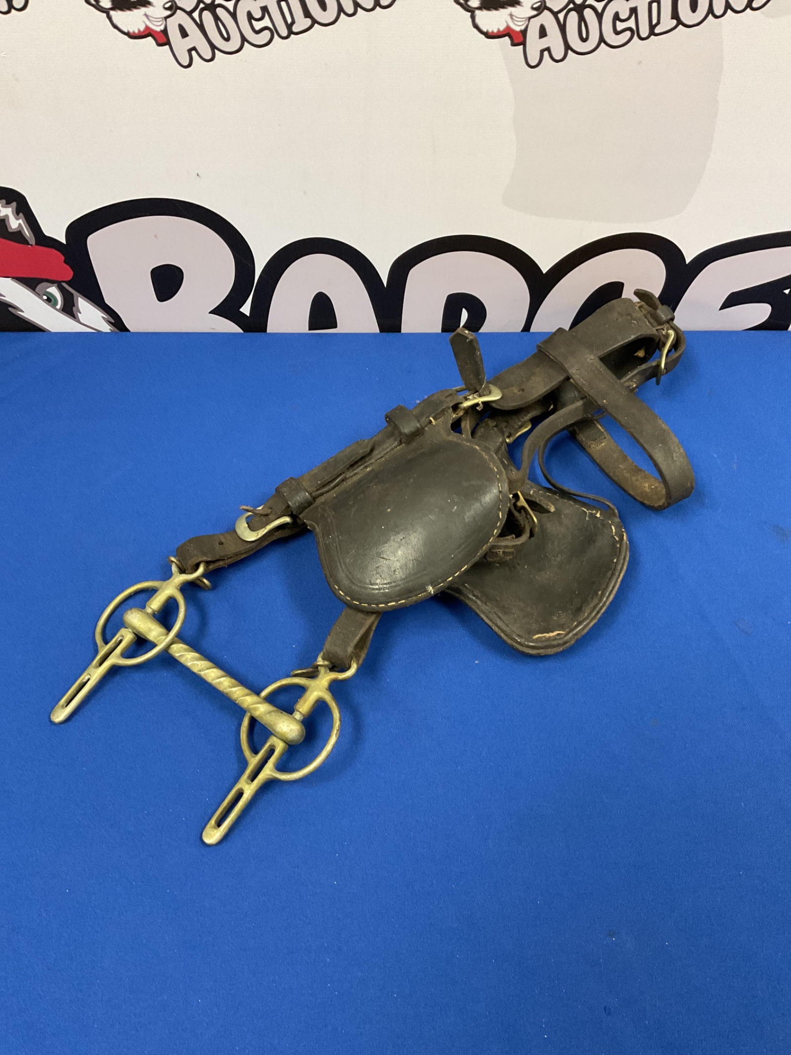 063 Vintage leather & brass horse bridle with blinker panels