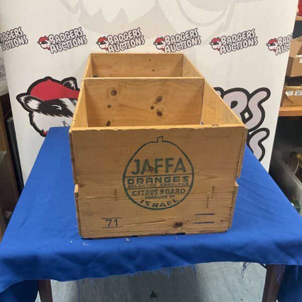 Vintage wooden Jaffa oranges crate with original branding.