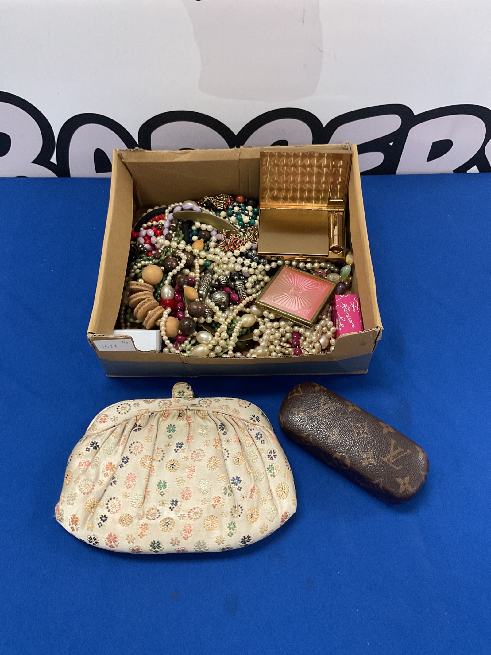 311 Box of jewellery, compacts, clutch bag & glasses case