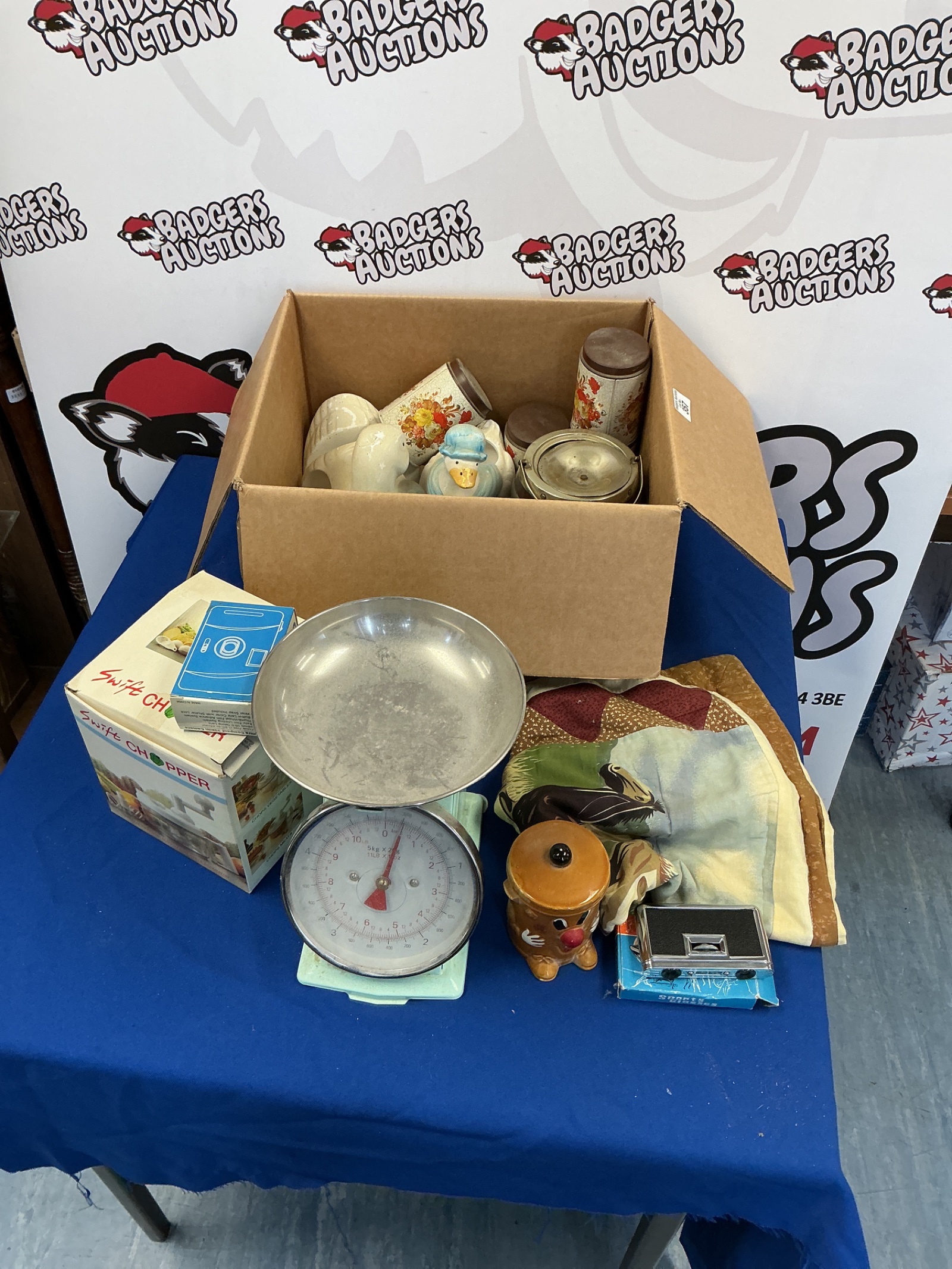 357 Box of mixed items inc Kitchen scales