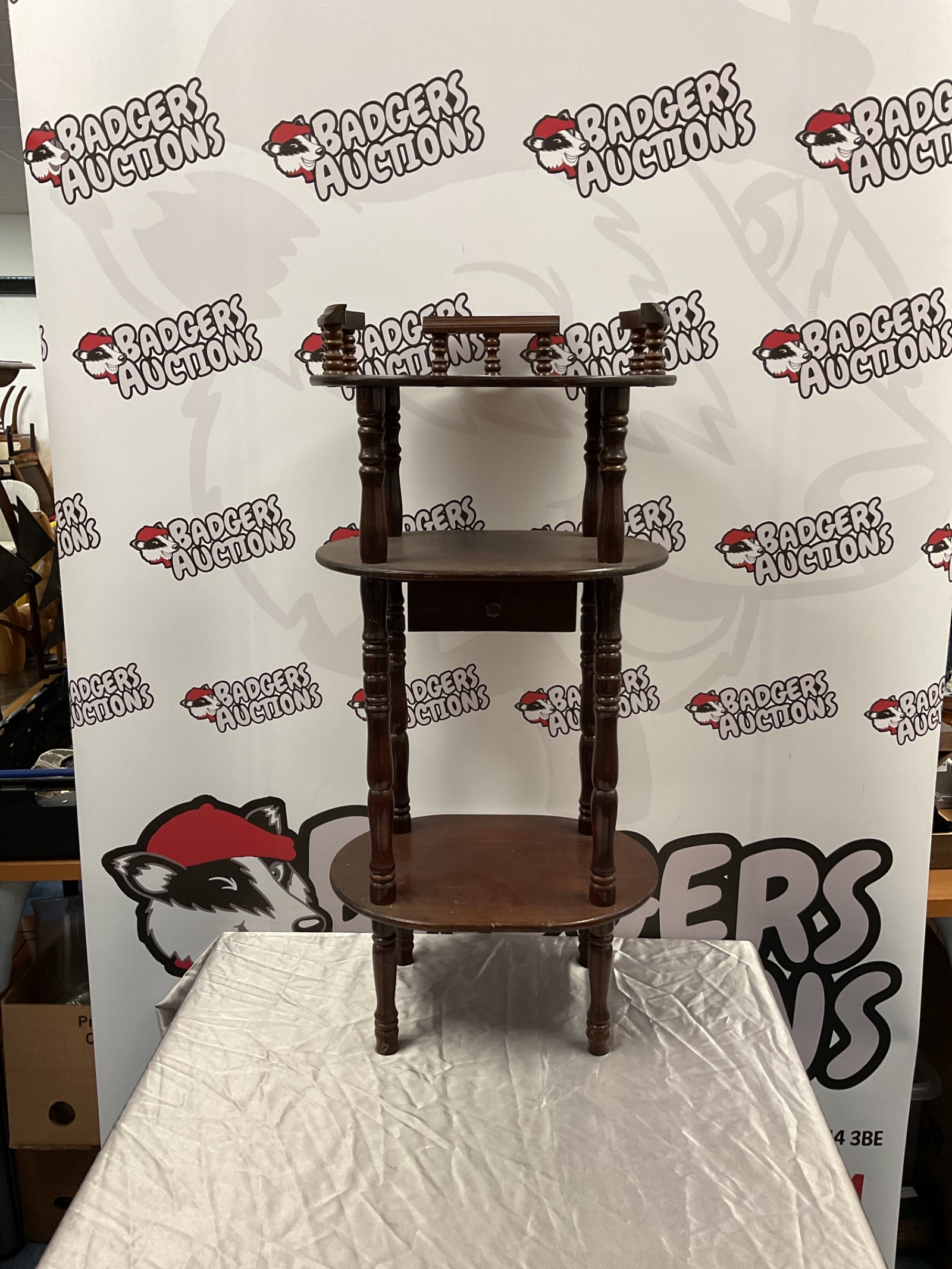 016 Vintage mahogany three tier telephone table with drawer