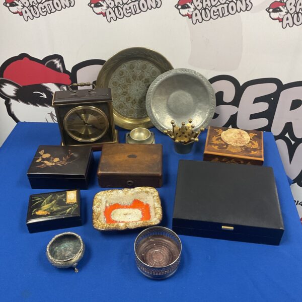 Vintage mixed lot including a clock, ashtray, and decorative boxes.