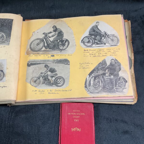 Vintage scrapbook page featuring 1920s and 1930s motorbike racing photos.