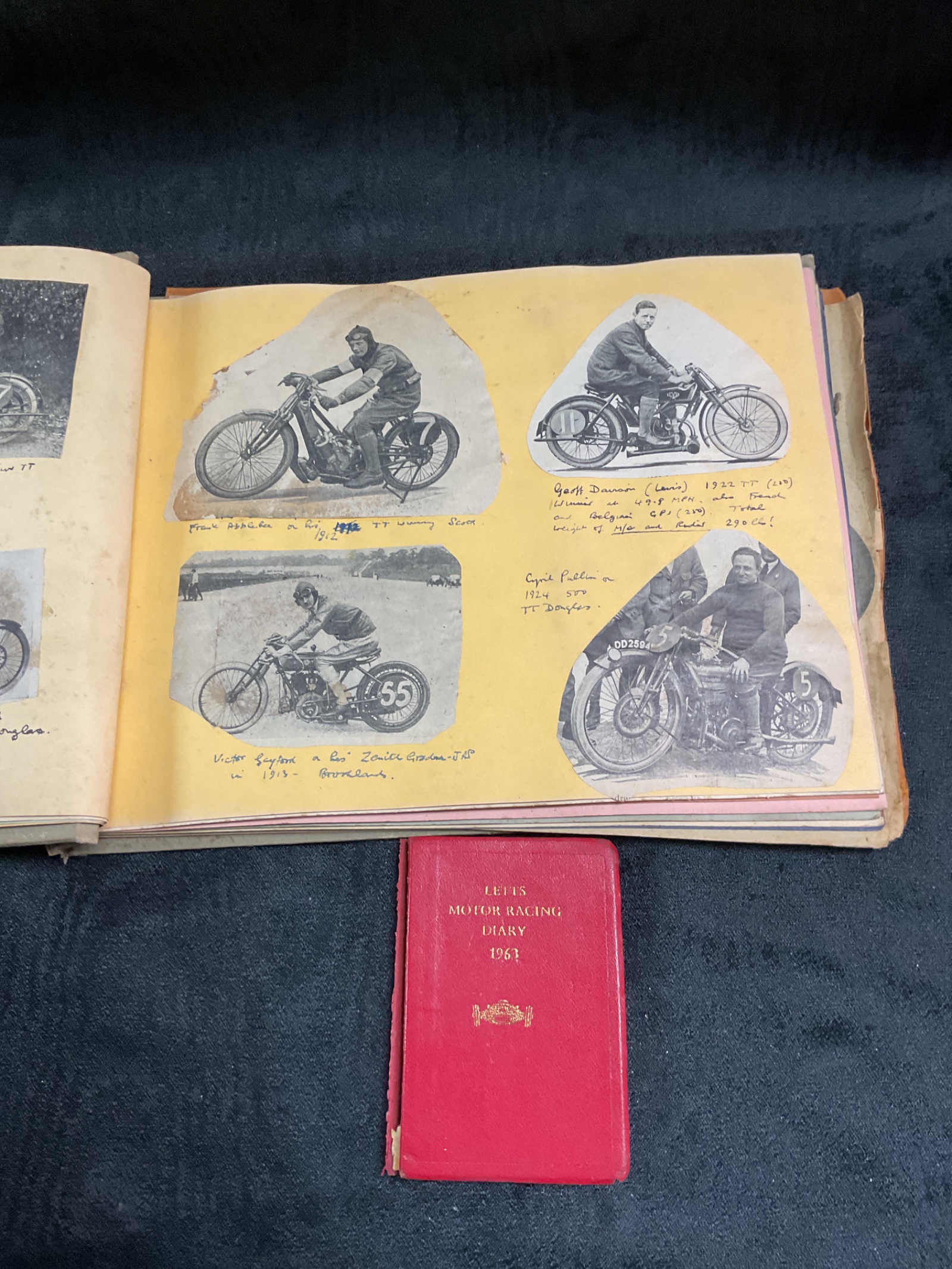 879 Vintage motorcycling scrapbook from the early 20s and 30s and a 1963 motor racing diary